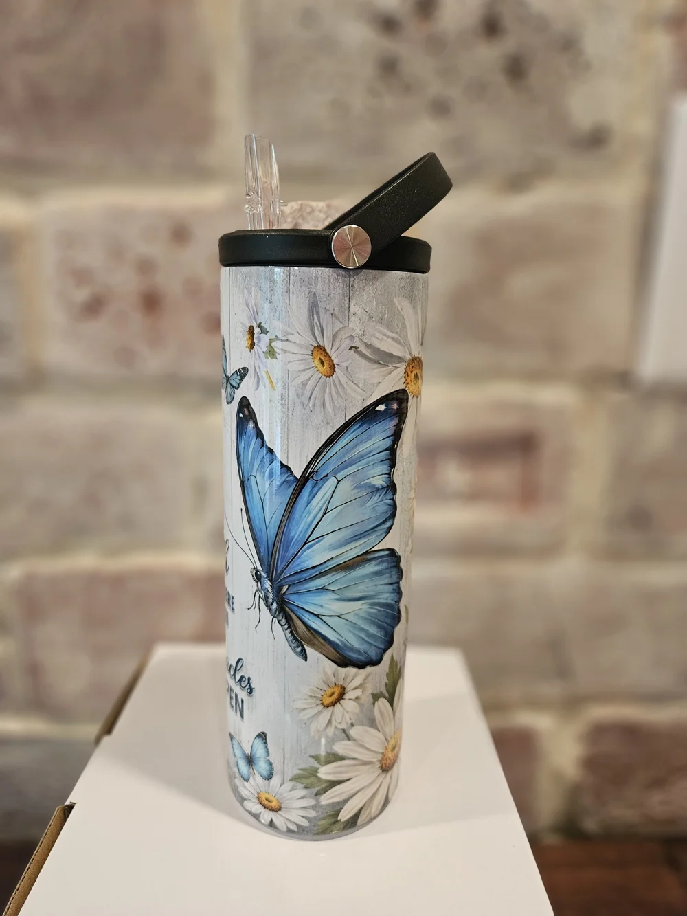 Hand Crafted Blue Floral & Butterfly Insulated Travel Tumbler